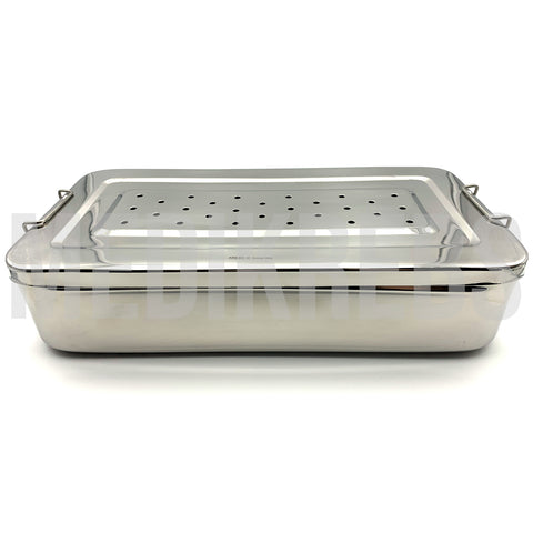 Stainless Steel Sterilization Tray w/ Perforated Lid 14'' x 7'' x 3''