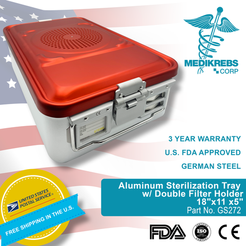 Aluminum Sterilization Tray Case with Double Filter Holder 18" x 11" x 5" (46 x 28 x 13 cm) Surgical Instruments