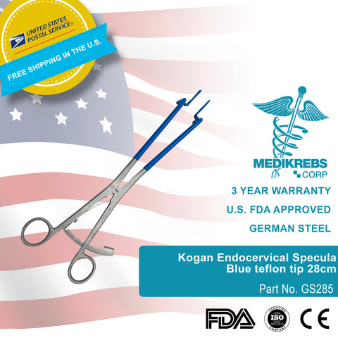 Kogan Endocervical Specula Forceps w/ blue Teflon blades 28 cm