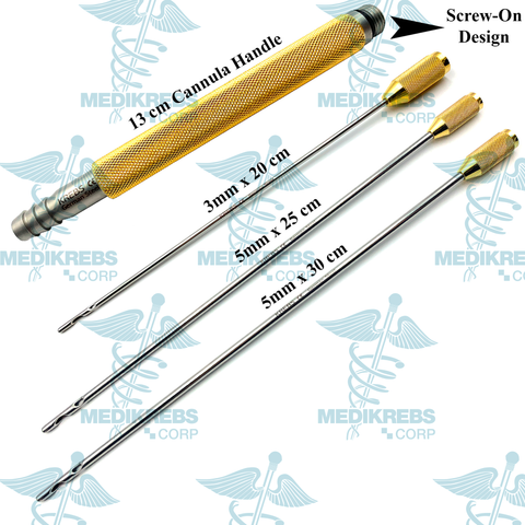 Liposuction Cannulas & Handle Set 3 mm x 20 cm, 5 mm x 25 cm, 5 mm x 30 cm