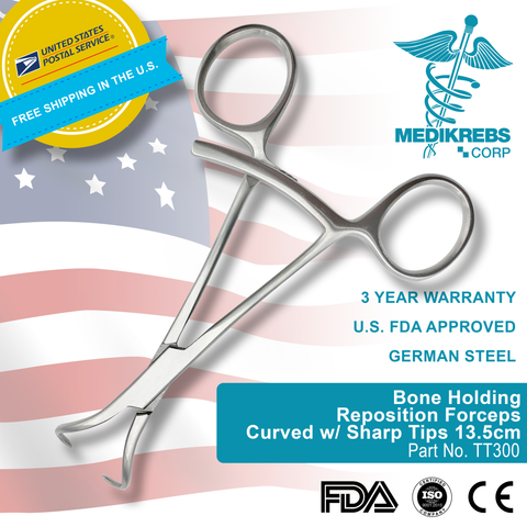 Bone Holding Reposition Forceps Curved w/ Sharp Tips 13.5 cm Surgical Instruments